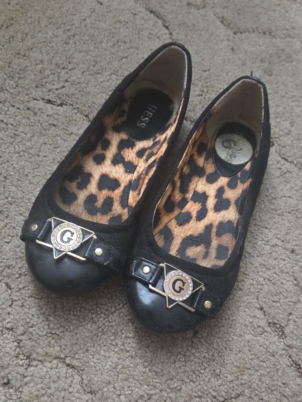 Guess Black Ballet Flats with Leopard Insole and Gold Emblem
